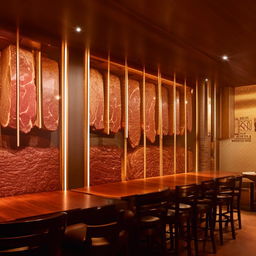 A steakhouse interior with warm, inviting lights, tasteful furniture, and a stunning feature wall with a transparent fridge showcasing an array of high-quality steaks hung for aging.