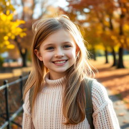 A young girl with a warm smile, having natural light blonde or chestnut hair, displaying a fresh face either without makeup or with a light, natural makeup look