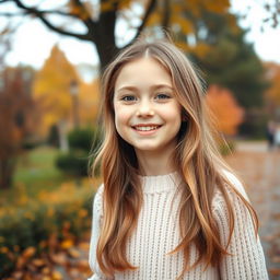 A young girl with a warm smile, having natural light blonde or chestnut hair, displaying a fresh face either without makeup or with a light, natural makeup look