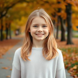 A young girl with a warm smile, having natural light blonde or chestnut hair, displaying a fresh face either without makeup or with a light, natural makeup look