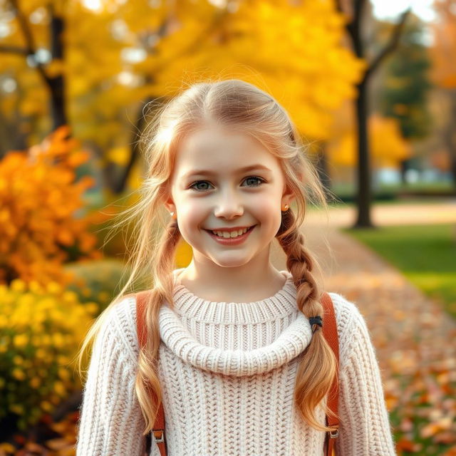 A young girl with a warm smile, having natural light blonde or chestnut hair, displaying a fresh face either without makeup or with a light, natural makeup look