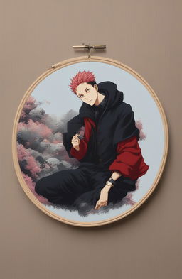 This 32k digital art piece frames a dynamic scene from the anime Jujutsu Kaisen within an embroidery hoop