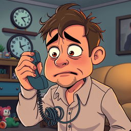 A cartoon scene depicting a worried and sad father, with exaggerated facial expressions highlighting his concern