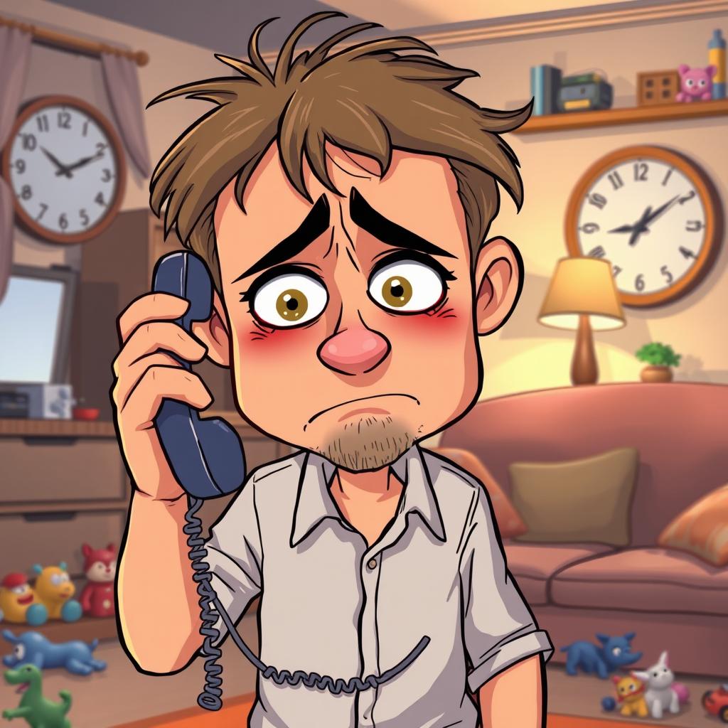 A cartoon scene depicting a worried and sad father, with exaggerated facial expressions highlighting his concern