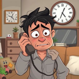 A cartoon scene depicting a worried and sad father, with exaggerated facial expressions highlighting his concern