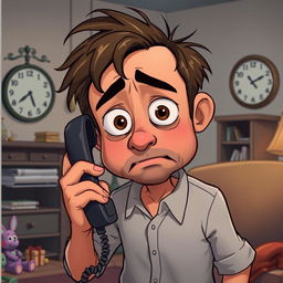 A cartoon scene depicting a worried and sad father, with exaggerated facial expressions highlighting his concern