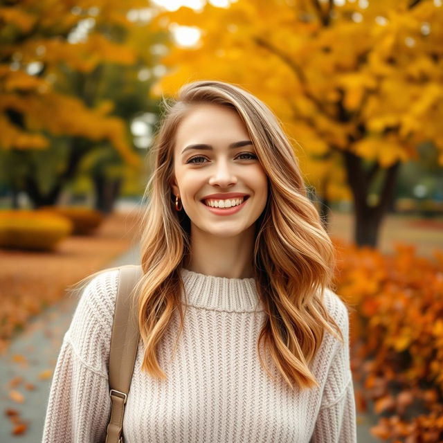 A young woman aged 30-35 with a warm smile, featuring natural light blonde or chestnut hair, displaying a fresh face either without makeup or with a light, natural makeup look