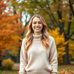 A young woman aged 30-35 with a warm smile, featuring natural light blonde or chestnut hair, displaying a fresh face either without makeup or with a light, natural makeup look
