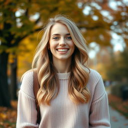 A young woman aged 30-35 with a warm smile, featuring natural light blonde or chestnut hair, displaying a fresh face either without makeup or with a light, natural makeup look