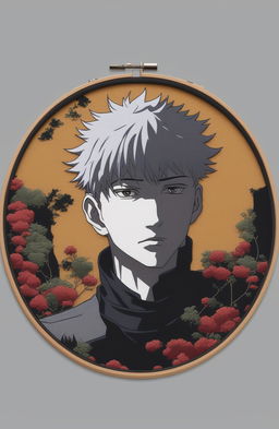 This 32k digital art piece frames a dynamic scene from the anime Jujutsu Kaisen within an embroidery hoop