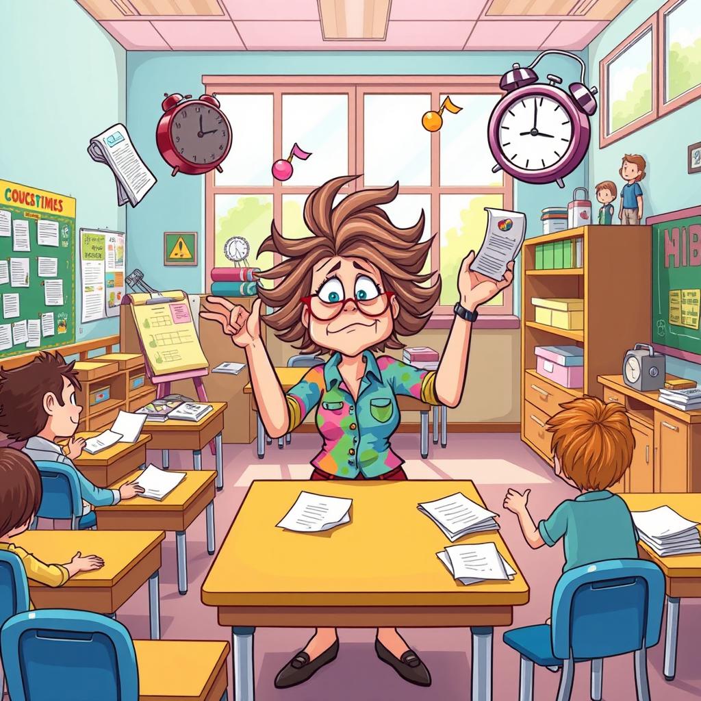 A whimsical cartoon scene showing a disoriented teacher in a vibrant classroom, juggling various classroom problems such as unruly students, scattered papers, an alarm clock ringing, and uncollected assignments