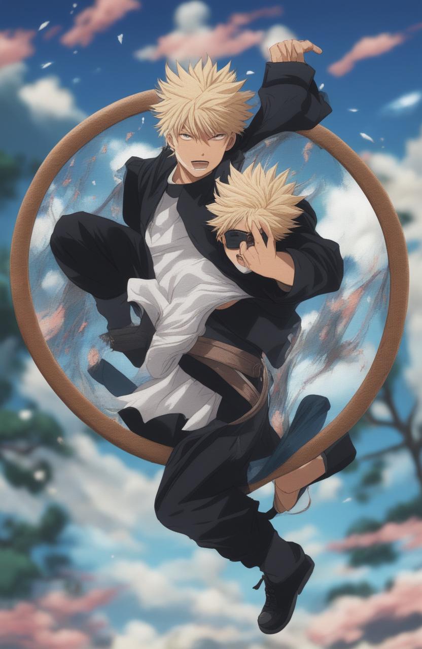 This 32k digital art piece frames a dynamic scene from the anime Jujutsu Kaisen within an embroidery hoop