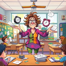 A whimsical cartoon scene showing a disoriented teacher in a vibrant classroom, juggling various classroom problems such as unruly students, scattered papers, an alarm clock ringing, and uncollected assignments