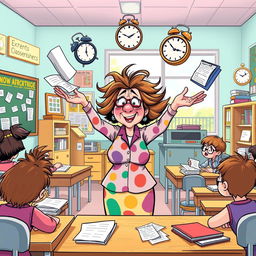 A whimsical cartoon scene showing a disoriented teacher in a vibrant classroom, juggling various classroom problems such as unruly students, scattered papers, an alarm clock ringing, and uncollected assignments