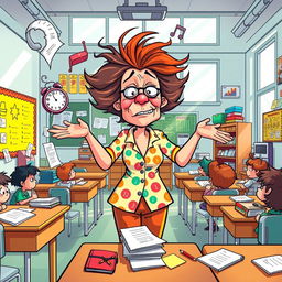 A whimsical cartoon scene showing a disoriented teacher in a vibrant classroom, juggling various classroom problems such as unruly students, scattered papers, an alarm clock ringing, and uncollected assignments
