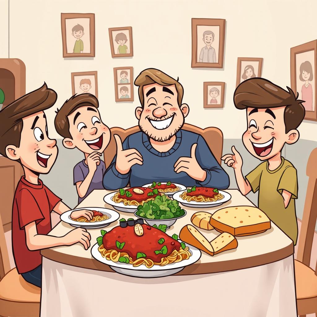 A cheerful cartoon scene depicting a family sitting around a dinner table