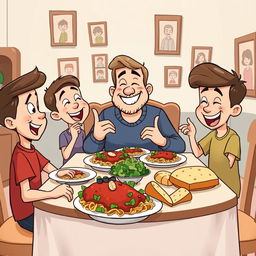 A cheerful cartoon scene depicting a family sitting around a dinner table