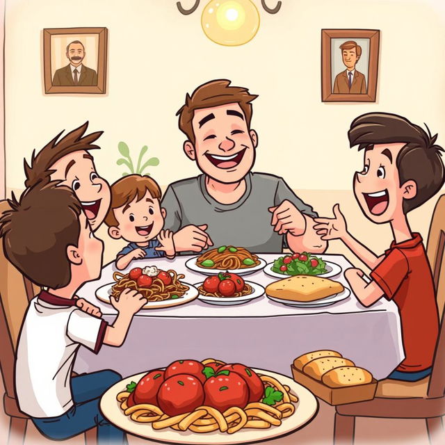 A cheerful cartoon scene depicting a family sitting around a dinner table