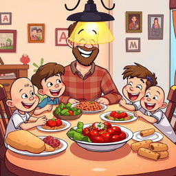 A cheerful cartoon scene depicting a family sitting around a dinner table