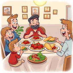 A cheerful cartoon scene depicting a family sitting around a dinner table