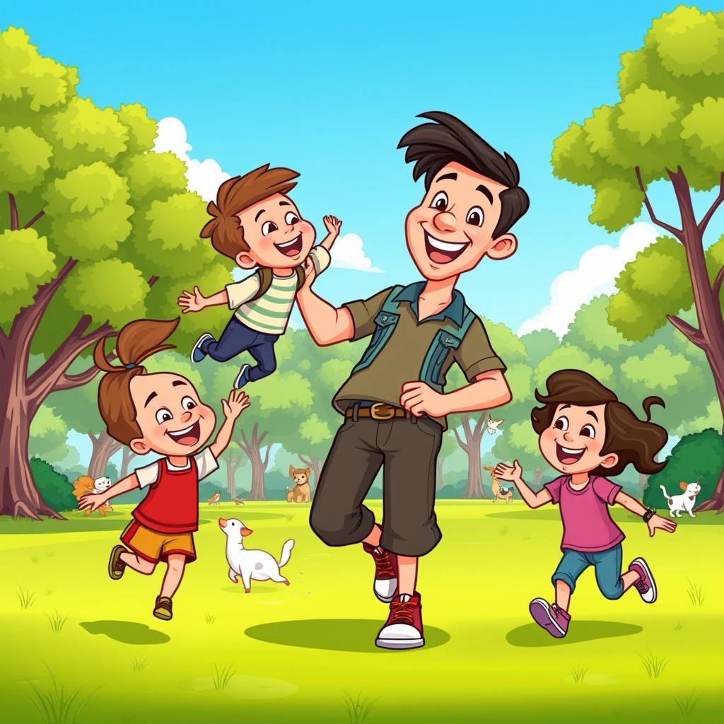 A colorful and vibrant scene from a cartoon featuring a father character, drawn in a classic animation style, wearing casual clothes, smiling and engaging with his children in a playful park setting