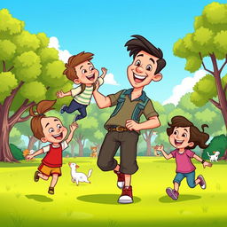 A colorful and vibrant scene from a cartoon featuring a father character, drawn in a classic animation style, wearing casual clothes, smiling and engaging with his children in a playful park setting