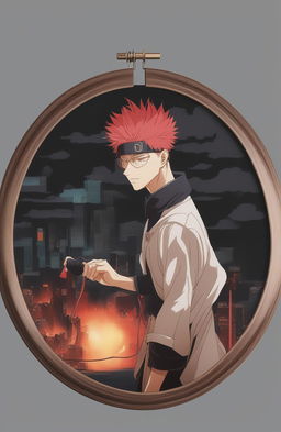 This 32k digital art piece frames a dynamic scene from the anime Jujutsu Kaisen within an embroidery hoop