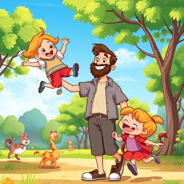 A colorful and vibrant scene from a cartoon featuring a father character, drawn in a classic animation style, wearing casual clothes, smiling and engaging with his children in a playful park setting