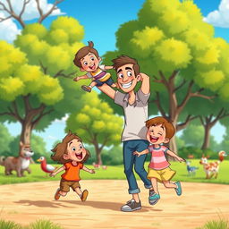 A colorful and vibrant scene from a cartoon featuring a father character, drawn in a classic animation style, wearing casual clothes, smiling and engaging with his children in a playful park setting