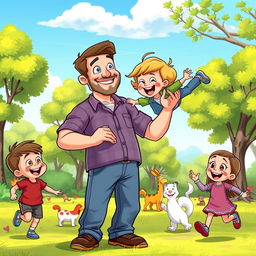 A colorful and vibrant scene from a cartoon featuring a father character, drawn in a classic animation style, wearing casual clothes, smiling and engaging with his children in a playful park setting
