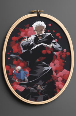 This 32k digital art piece frames a dynamic scene from the anime Jujutsu Kaisen within an embroidery hoop