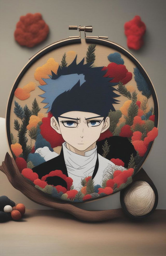 A high-quality 32k digital art piece frames a vibrant scene from the anime Jujutsu Kaisen within an embroidery hoop, with added textured embroidery elements for depth