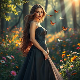 A beautiful woman with long flowing hair, dressed in an elegant evening gown, standing confidently in a vibrant forest filled with colorful flowers, butterflies flitting around her, rays of sunlight sparkling through the trees, creating a dreamy atmosphere