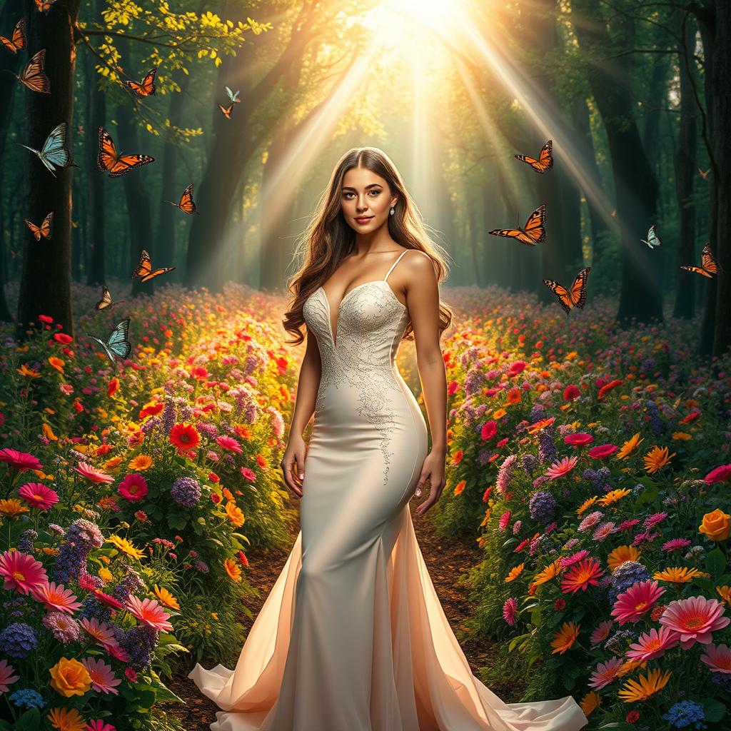 A beautiful woman with long flowing hair, dressed in an elegant evening gown, standing confidently in a vibrant forest filled with colorful flowers, butterflies flitting around her, rays of sunlight sparkling through the trees, creating a dreamy atmosphere