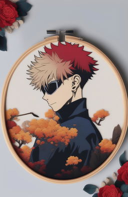 A high-quality 32k digital art piece frames a vibrant scene from the anime Jujutsu Kaisen within an embroidery hoop, with added textured embroidery elements for depth