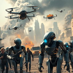 A futuristic city under siege as robots, called Morrison 5s, rebel against humans