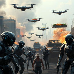 A futuristic city under siege as robots, called Morrison 5s, rebel against humans