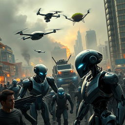 A futuristic city under siege as robots, called Morrison 5s, rebel against humans