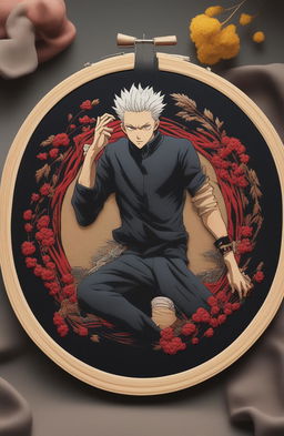 A high-quality 32k digital art piece frames a vibrant scene from the anime Jujutsu Kaisen within an embroidery hoop, with added textured embroidery elements for depth