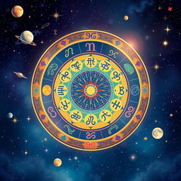 An artistic representation of astrology, featuring the zodiac wheel prominently in the center, surrounded by beautifully illustrated celestial bodies like planets, moons, and stars