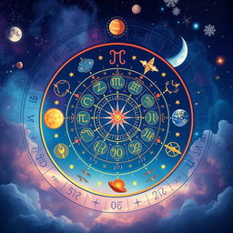 An artistic representation of astrology, featuring the zodiac wheel prominently in the center, surrounded by beautifully illustrated celestial bodies like planets, moons, and stars