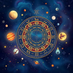 An artistic representation of astrology, featuring the zodiac wheel prominently in the center, surrounded by beautifully illustrated celestial bodies like planets, moons, and stars