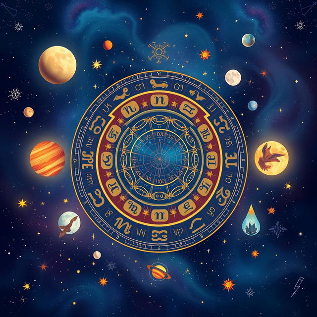 An artistic representation of astrology, featuring the zodiac wheel prominently in the center, surrounded by beautifully illustrated celestial bodies like planets, moons, and stars