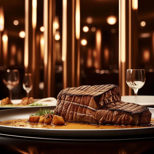 An aesthetically pleasing restaurant filled with modern, elegant decor, serving delicious T-bone steak on elegant plates, displayed prominently on tables with beautiful tablecloth and ambient lighting.