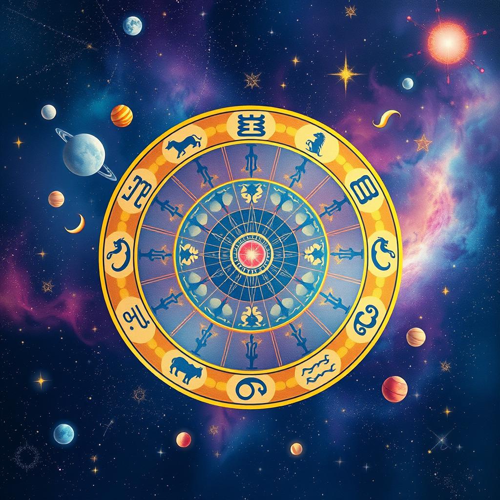 An artistic representation of astrology, featuring the zodiac wheel prominently in the center, surrounded by beautifully illustrated celestial bodies like planets, moons, and stars