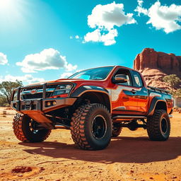 A highly modified, rugged Australian Ute parked in a stunning outback landscape