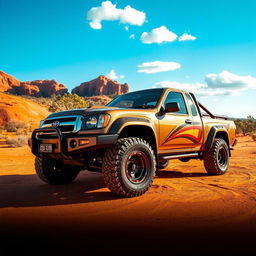A highly modified, rugged Australian Ute parked in a stunning outback landscape