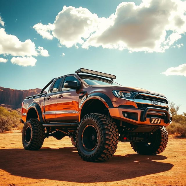 A highly modified, rugged Australian Ute parked in a stunning outback landscape