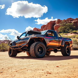 A highly modified, rugged Australian Ute parked in a stunning outback landscape