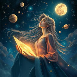 A mystical and ethereal scene depicting a woman with flowing hair, surrounded by the zodiac signs and celestial elements such as planets and stars